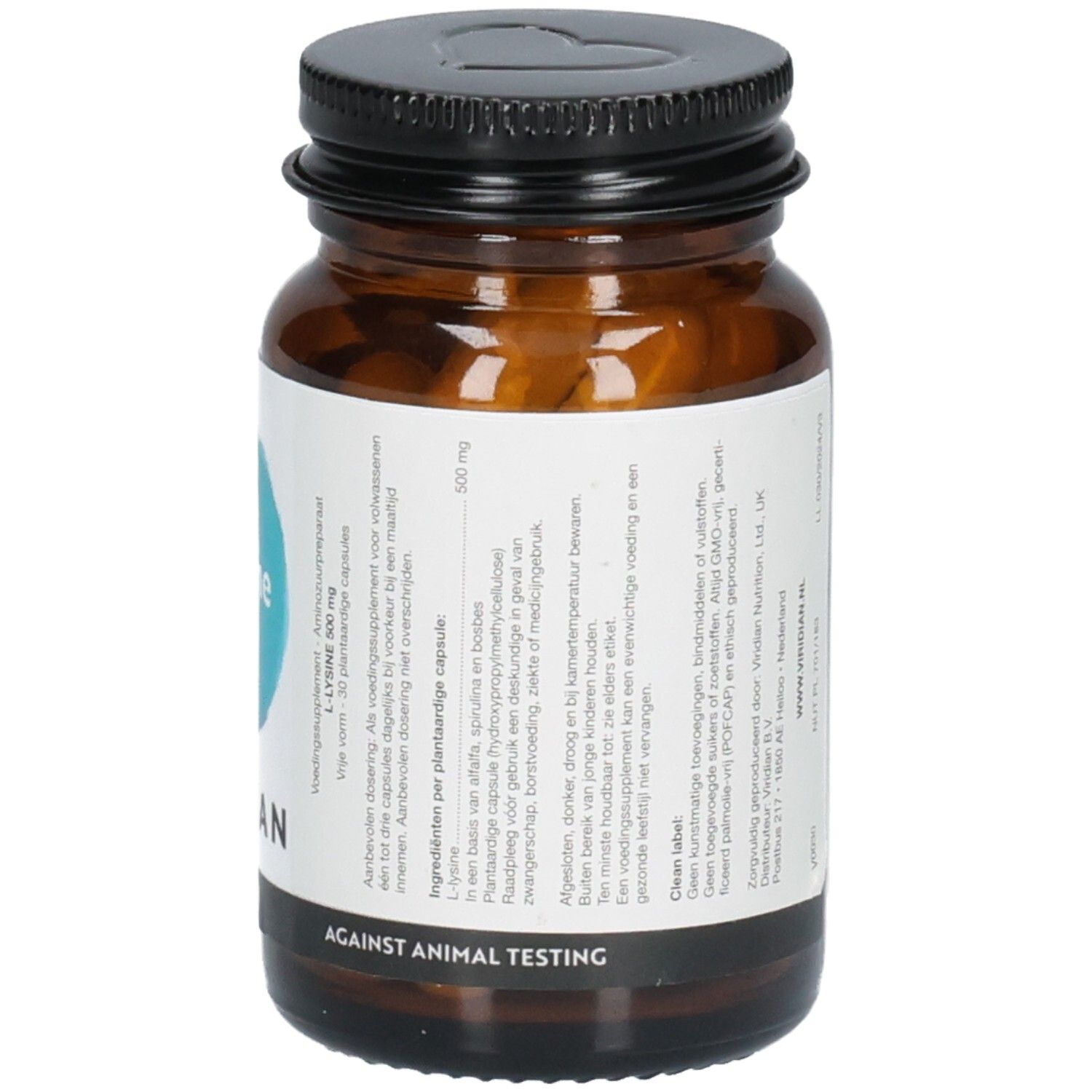 Achterkant van een Viridian L-Lysine 500mg flesje met vermelding 'Against Animal Testing'.