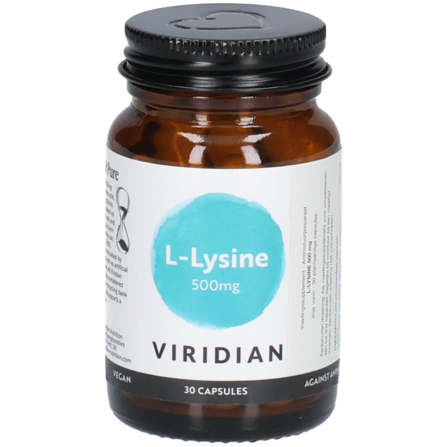 Viridian L-Lysine 500mg flesje, 30 capsules. Etiket toont 'Vegan' en 'Against Animal Testing'.