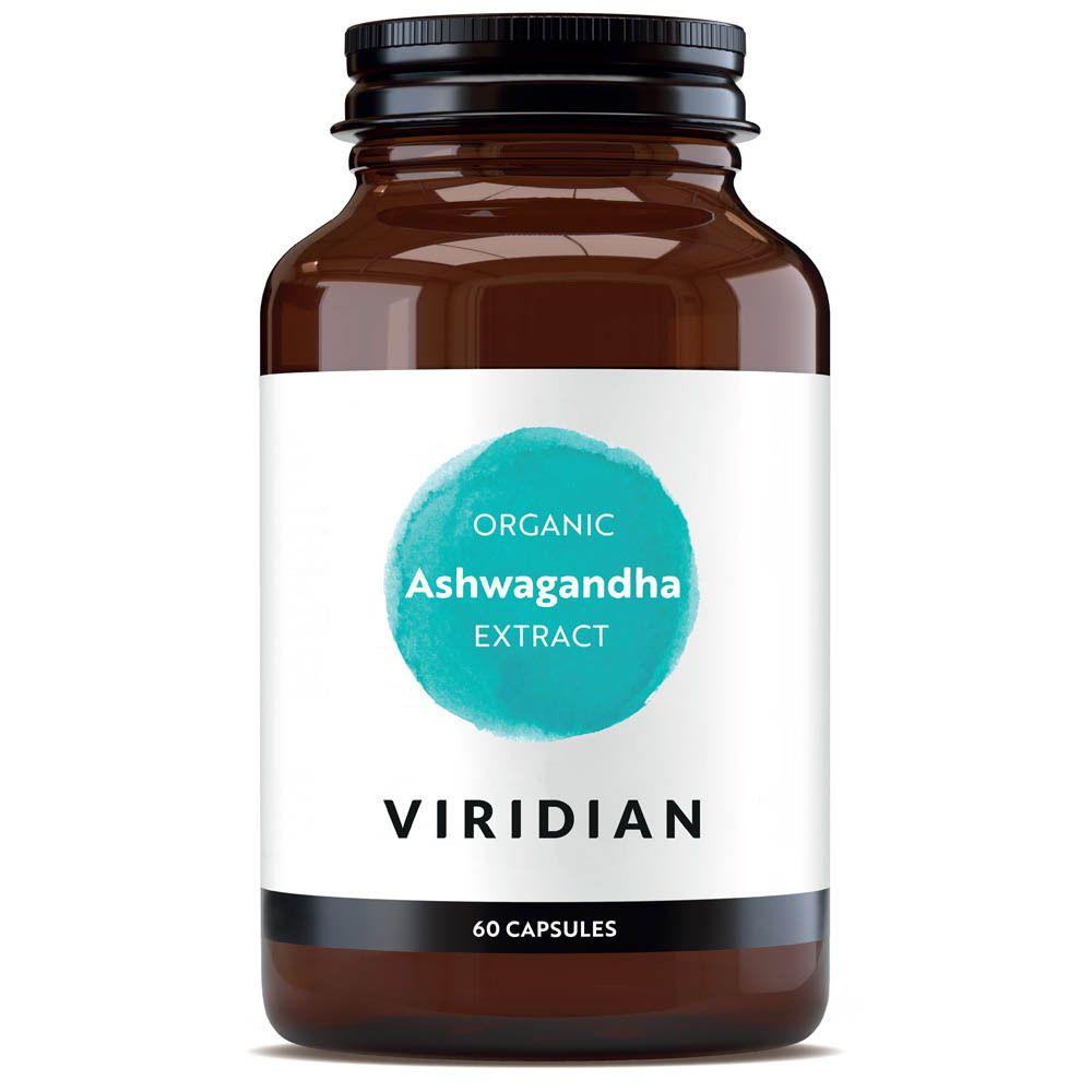 Flacon en verre brun avec bouchon noir. Étiquette "Viridian Organic Ashwagandha Extract" et 60 gélules. Label bio.