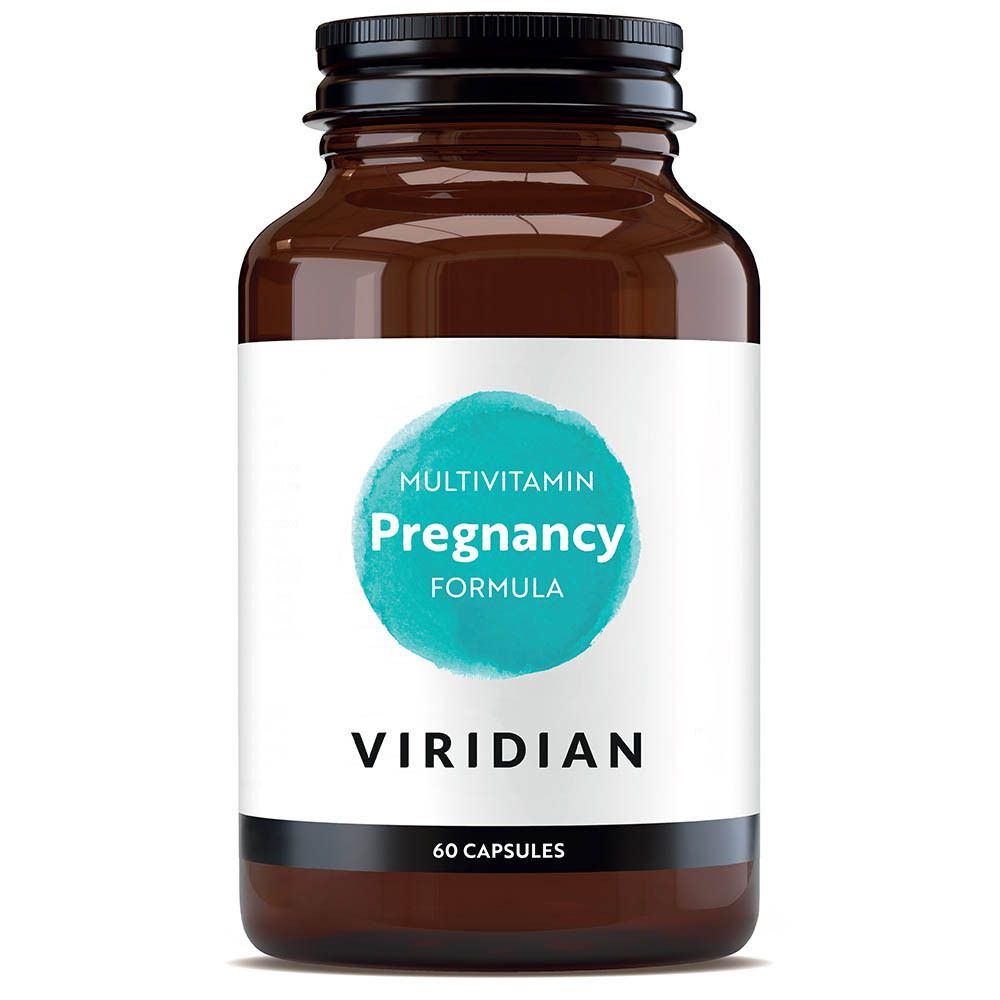 Bruine glazen fles met wit etiket. Etiket met blauwe cirkel en tekst: Pregnancy Formula, 60 capsules. Merk: Viridian.