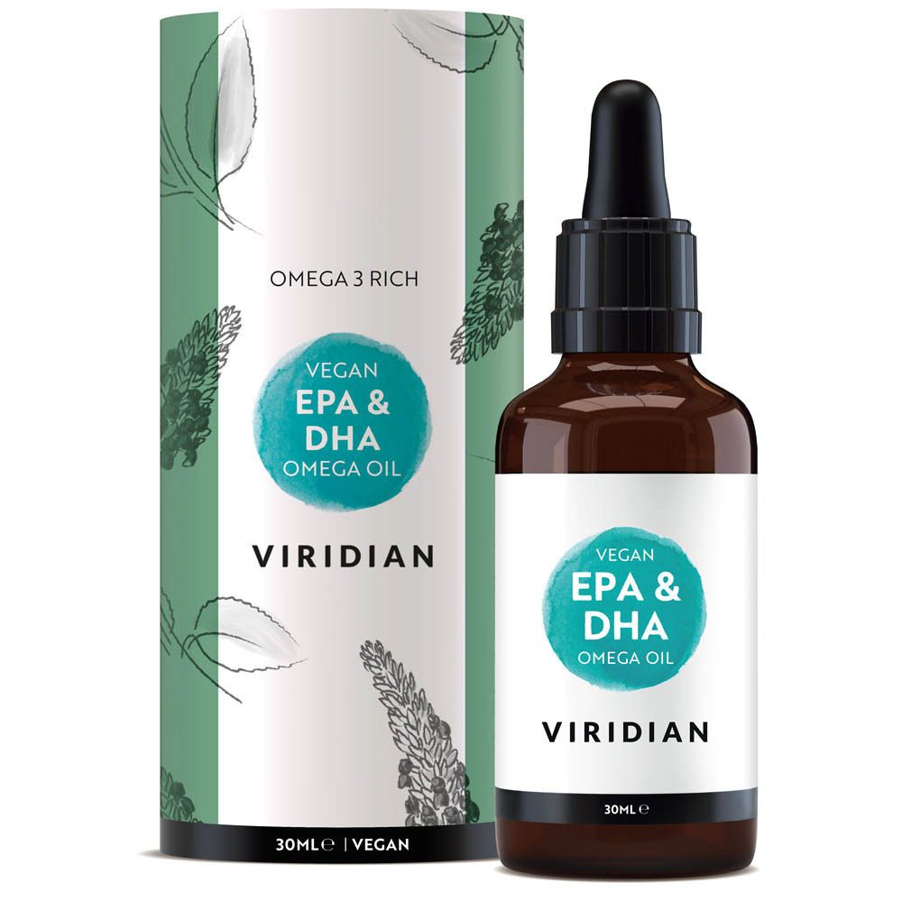 Bruine glazen fles met pipet en groene verpakking. Opschrift: Vegan EPA & DHA Omega Oil, Viridian.