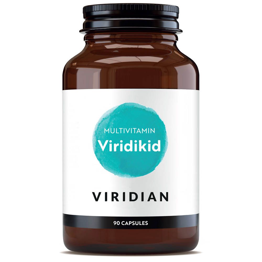 Bruine glazen fles met zwarte dop. Etiket met blauwe cirkel en tekst 'Multivitamin Viridikid' en 'Viridian'.