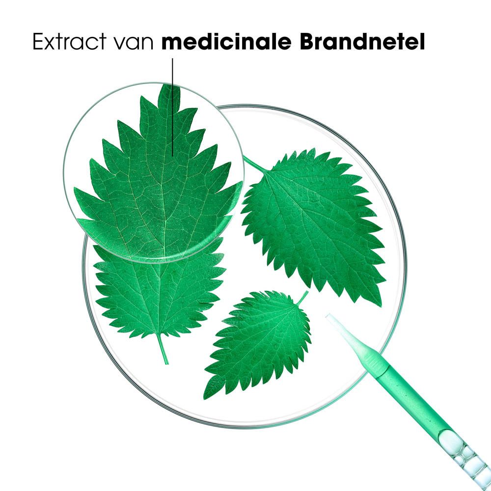 Close-up van brandnetelbladeren. Tekst: Extract van medicinale Brandnetel.