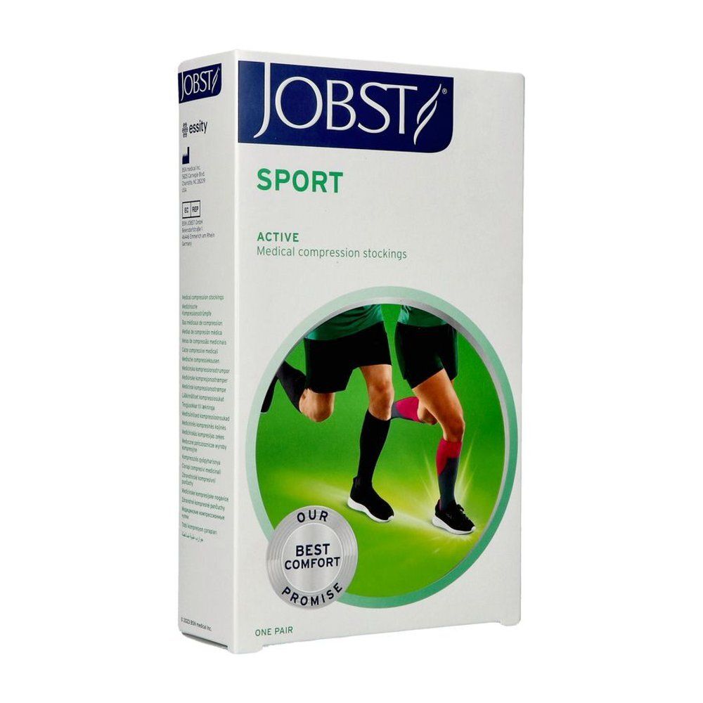 JOBST Sport compressiekousen, zwart, met afbeelding van lopers en productkenmerken zoals geurcontrole.