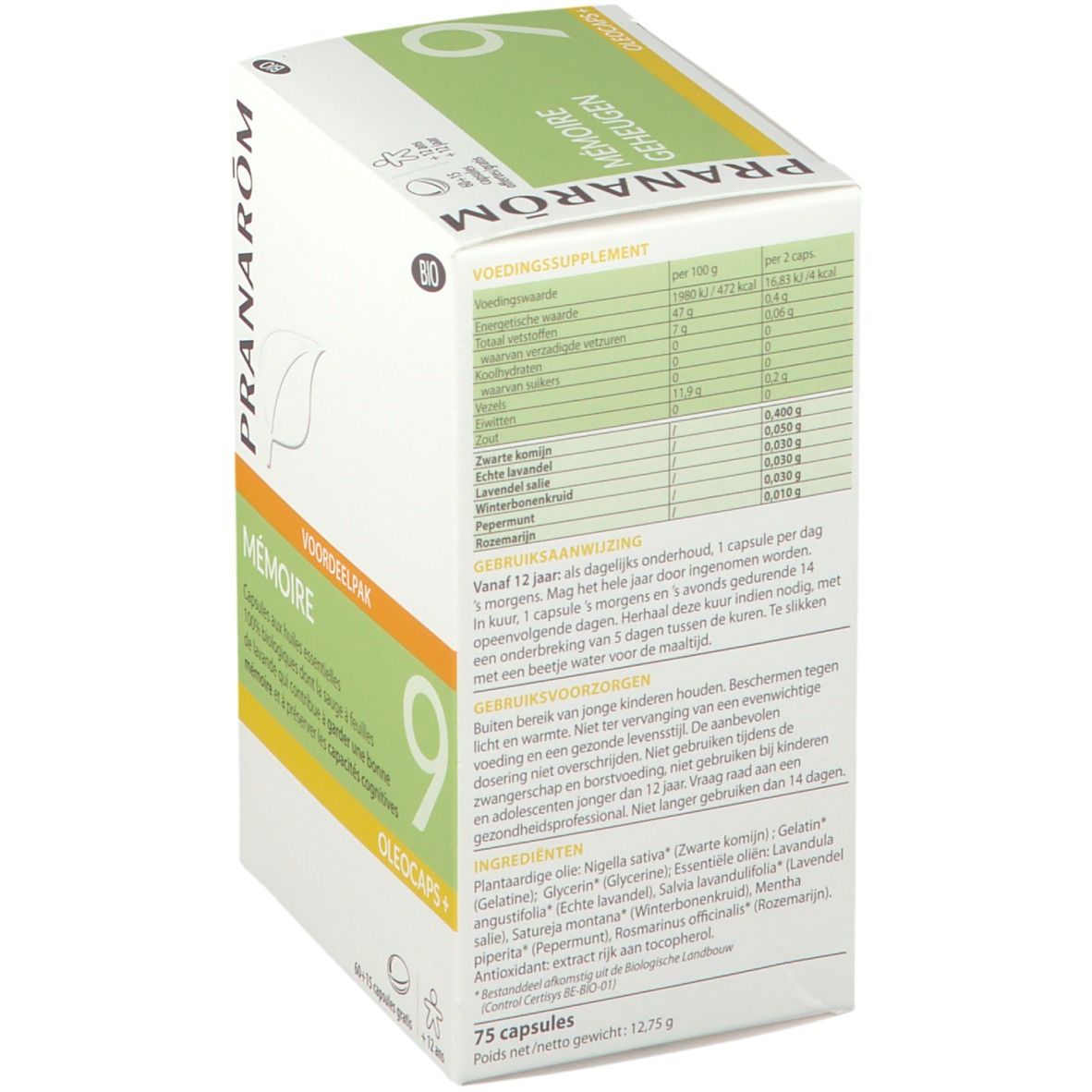 Doos met productinformatie. Bevat 'Mémoire 9' capsules. BIO-certificering. Ingrediënten en instructies.