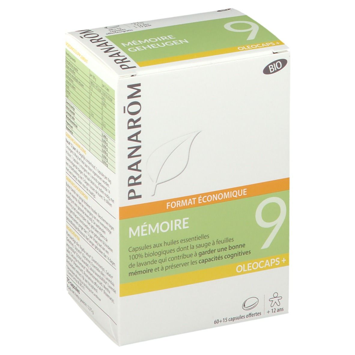 Witte doos met PRANAROM-logo en 'Mémoire 9'. 'Format économique' en BIO-certificering.