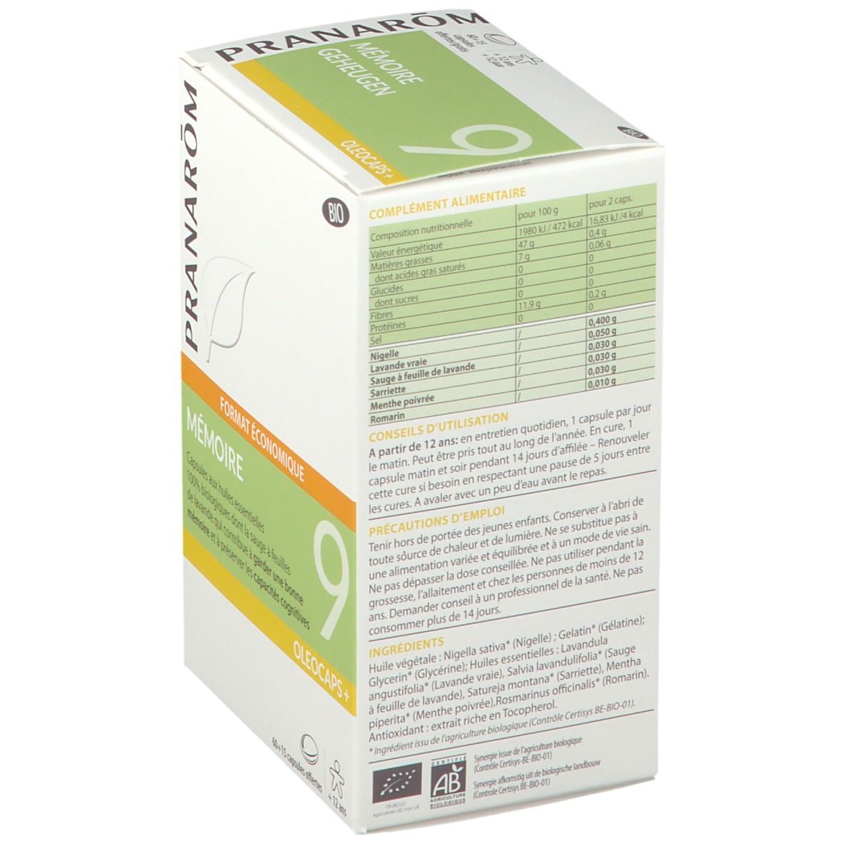 Doos met productinformatie. 'Mémoire 9' capsules. 'Format économique'. BIO-certificering. Ingrediënten en gebruik.