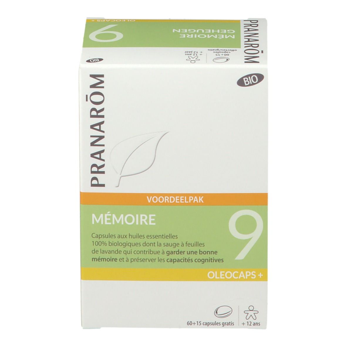 Witte doos met PRANAROM-logo en 'Mémoire 9'. 'Voordeelpak' en BIO-certificering.