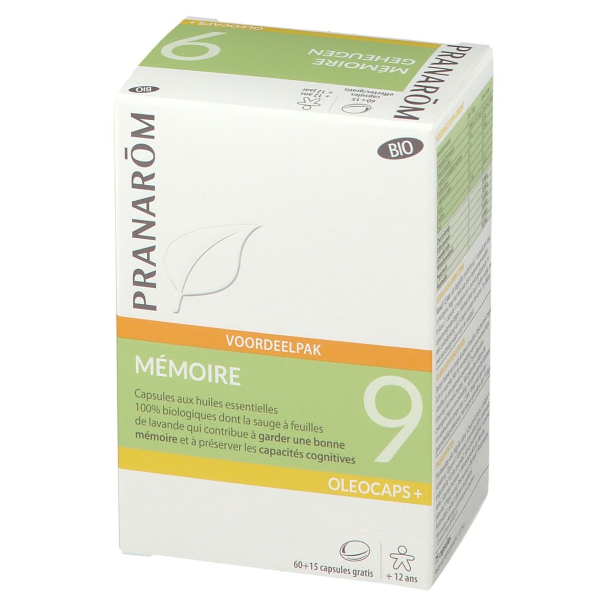 Witte doos met PRANAROM-logo en 'Mémoire 9'. 'Voordeelpak' en BIO-certificering.