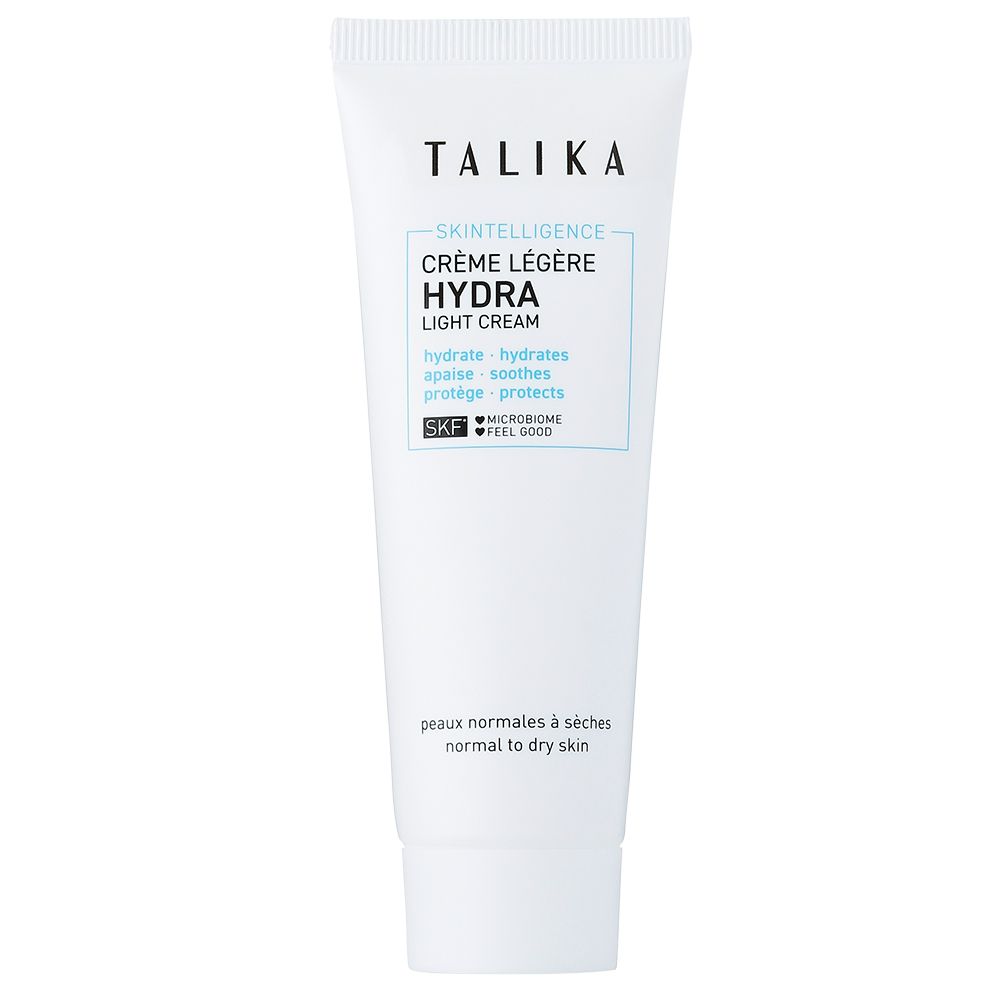 Witte tube met productinfo. Tekst: "TALIKA", "SKINTELLIGENCE HYDRA", crème.