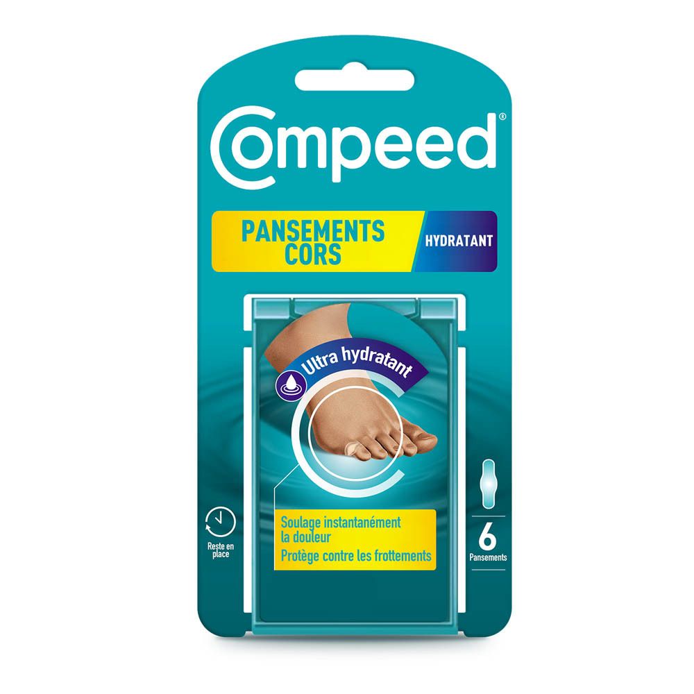 Emballage de Compeed® Pansements Cors Hydratants. 6 pansements. Design turquoise et blanc. Nom du produit et marque visibles.