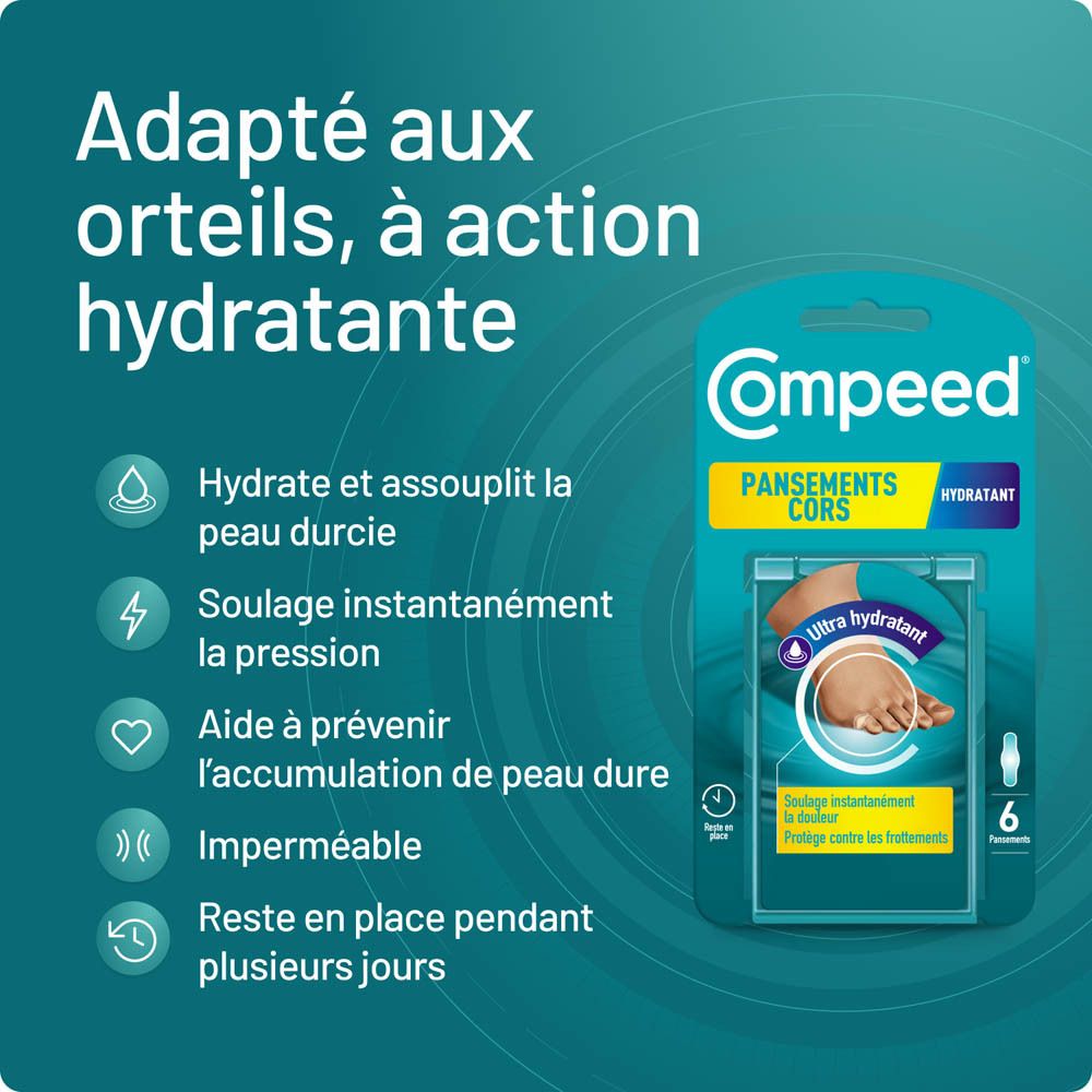 Image du produit avec emballage. Texte : 'Adapté aux orteils, à action hydratante'. Icônes et texte.