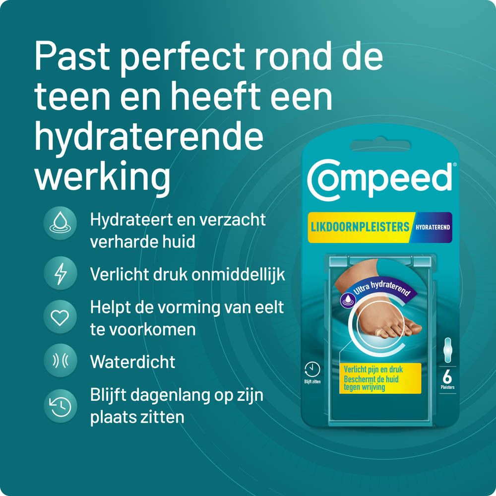 Productafbeelding met verpakking. Tekst: 'Past perfect rond de teen en heeft een hydraterende werking'. Iconen en tekst.