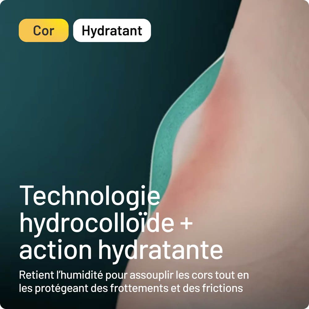 Gros plan d'un pied avec un pansement. Texte : 'Technologie hydrocolloïde + action hydratante'.