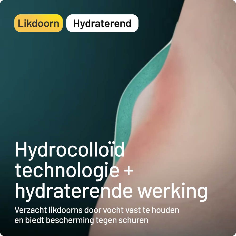 Close-up van een voet met een pleister. Tekst: 'Hydrocolloïd technologie + hydraterende werking'.