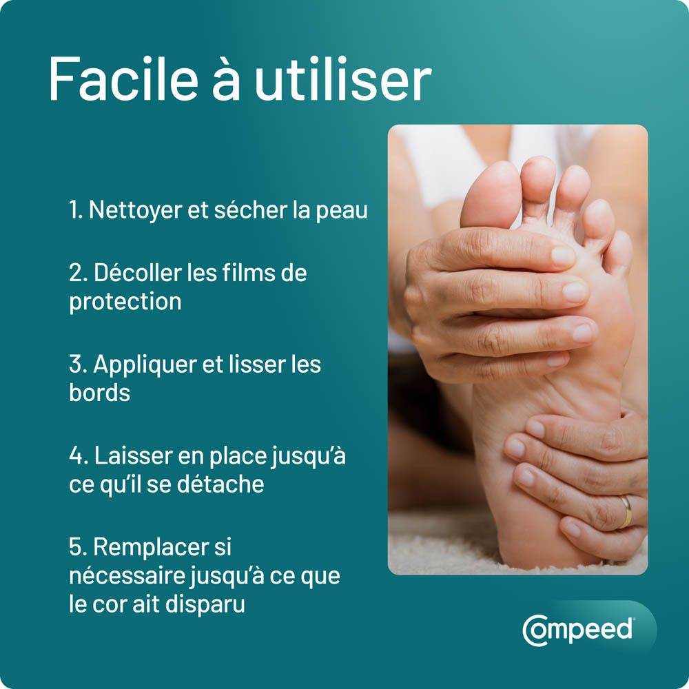 Gros plan d'un pied. Texte : 'Facile à utiliser'. Instructions étape par étape.