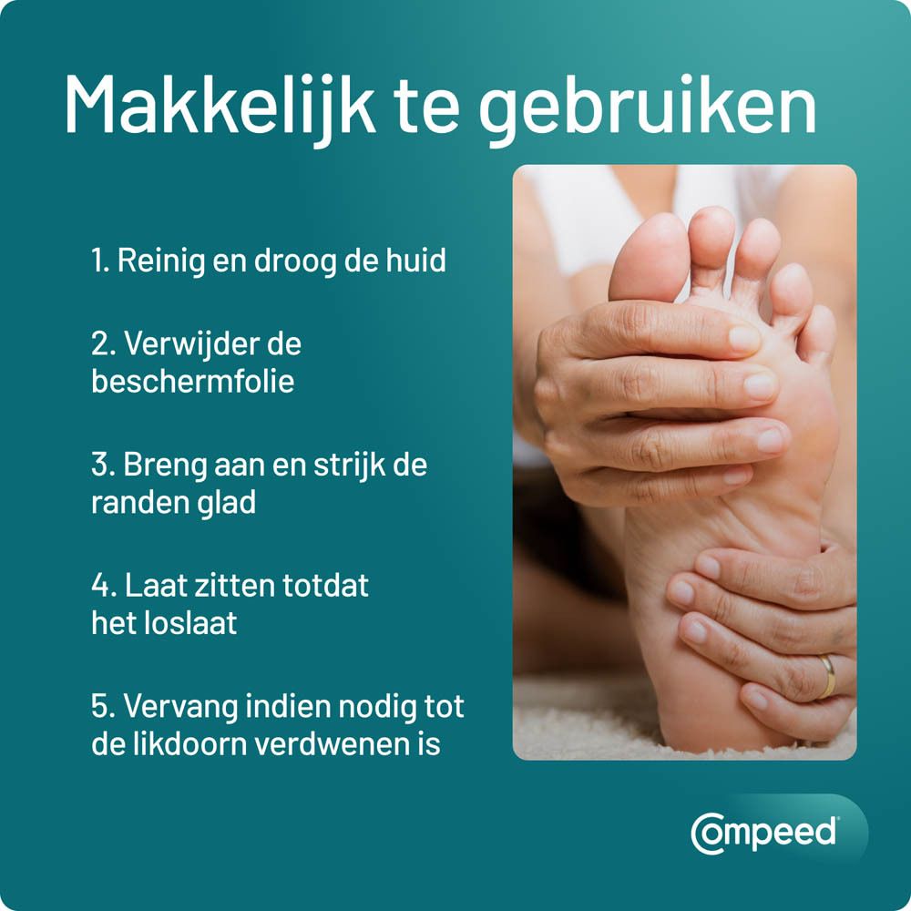 Close-up van een voet. Tekst: 'Makkelijk te gebruiken'. Stapsgewijze instructies.