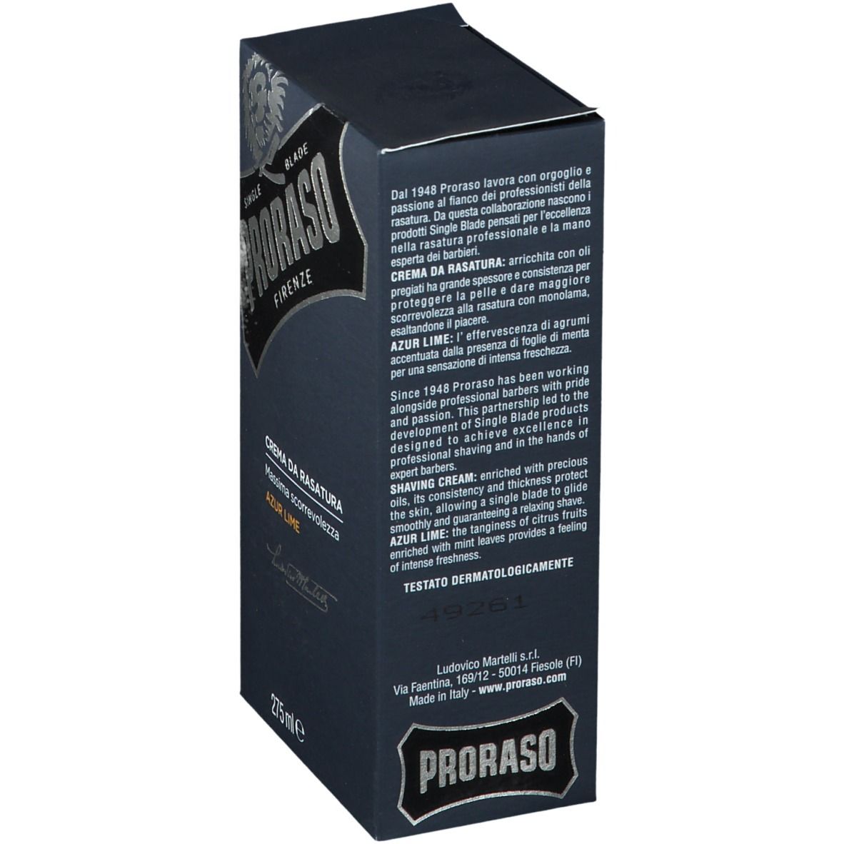 Donkerblauwe doos, zijaanzicht. Tekst: PRORASO, 'Crema da Rasatura Azur Lime'. Tekst in meerdere talen.