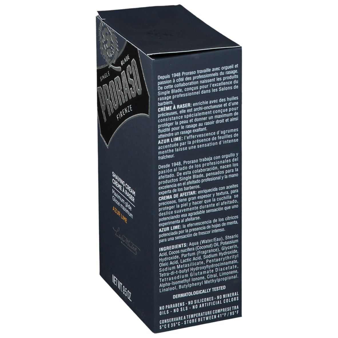 Donkerblauwe doos, zijaanzicht. Tekst: PRORASO, 'Crema da Rasatura Azur Lime'. Ingrediënten en tekst in meerdere talen.