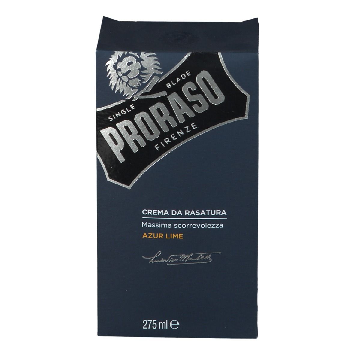 Donkerblauwe doos. Logo PRORASO, daaronder 'Crema da Rasatura Azur Lime'. Onder: 275 ml.