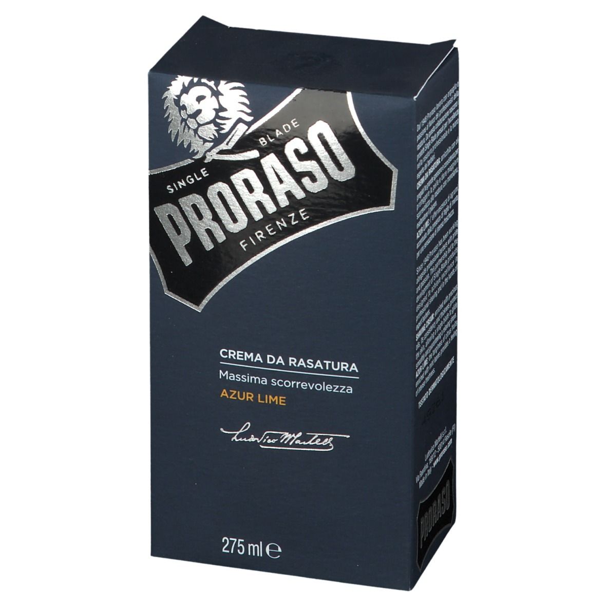 Donkerblauwe doos. Logo PRORASO, daaronder 'Crema da Rasatura Azur Lime'. Onder: 275 ml.