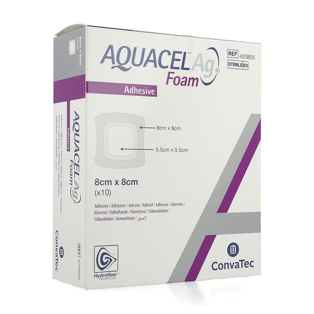 Verpakking AQUACEL Ag Foam, 8cm x 8cm. Bevat 10 stuks. Afmetingen en ConvaTec logo zichtbaar.