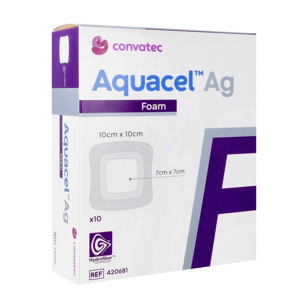 Verpakking Aquacel Ag Foam, 10cm x 10cm. Vierkante schuimverbanden. Bevat 10 stuks. Met logo en productinformatie.