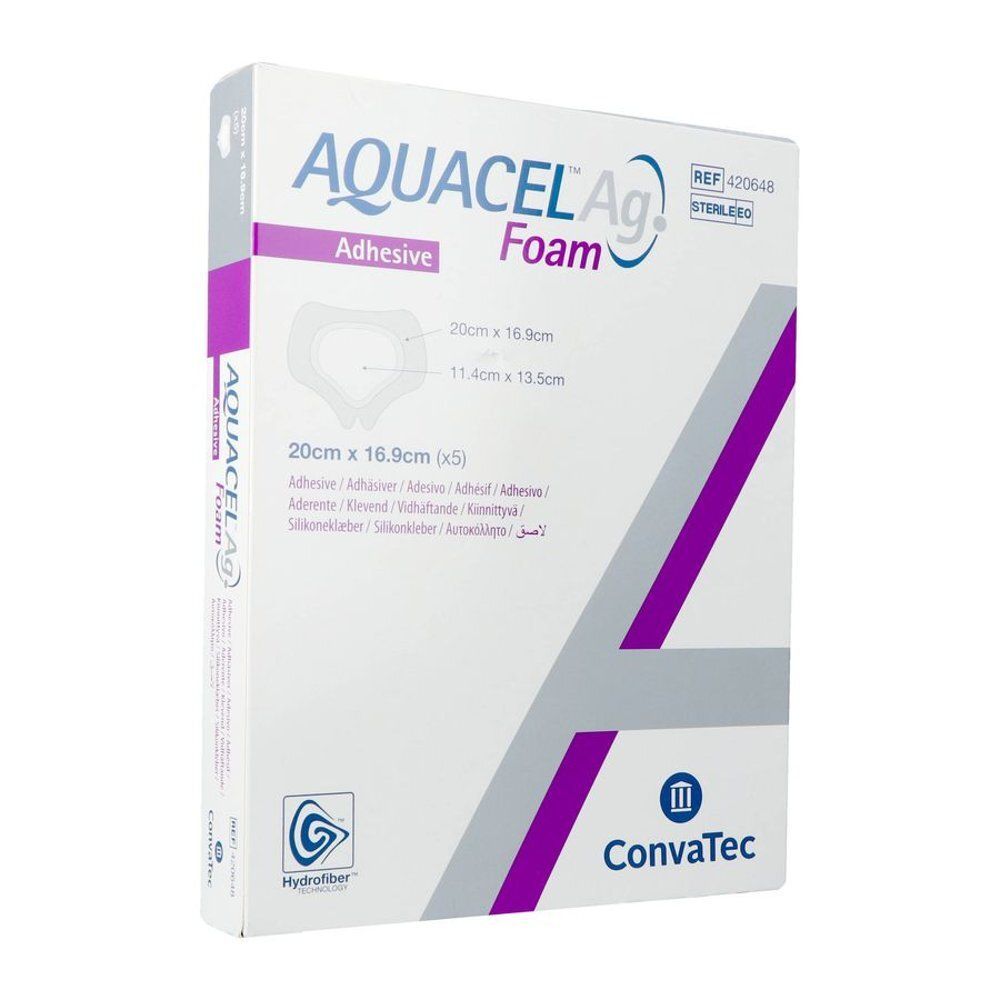 Boîte de pansements AQUACEL Ag Foam. Dimensions 20x16.9cm. Informations et marque sur l'emballage.