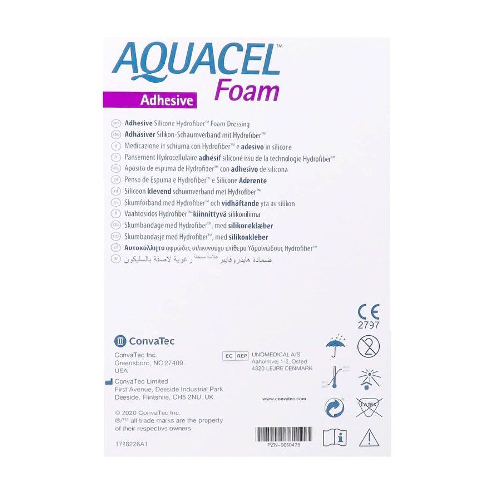 Dos de l'emballage du pansement Aquacel AG Foam, avec marquage CE et informations fabricant.