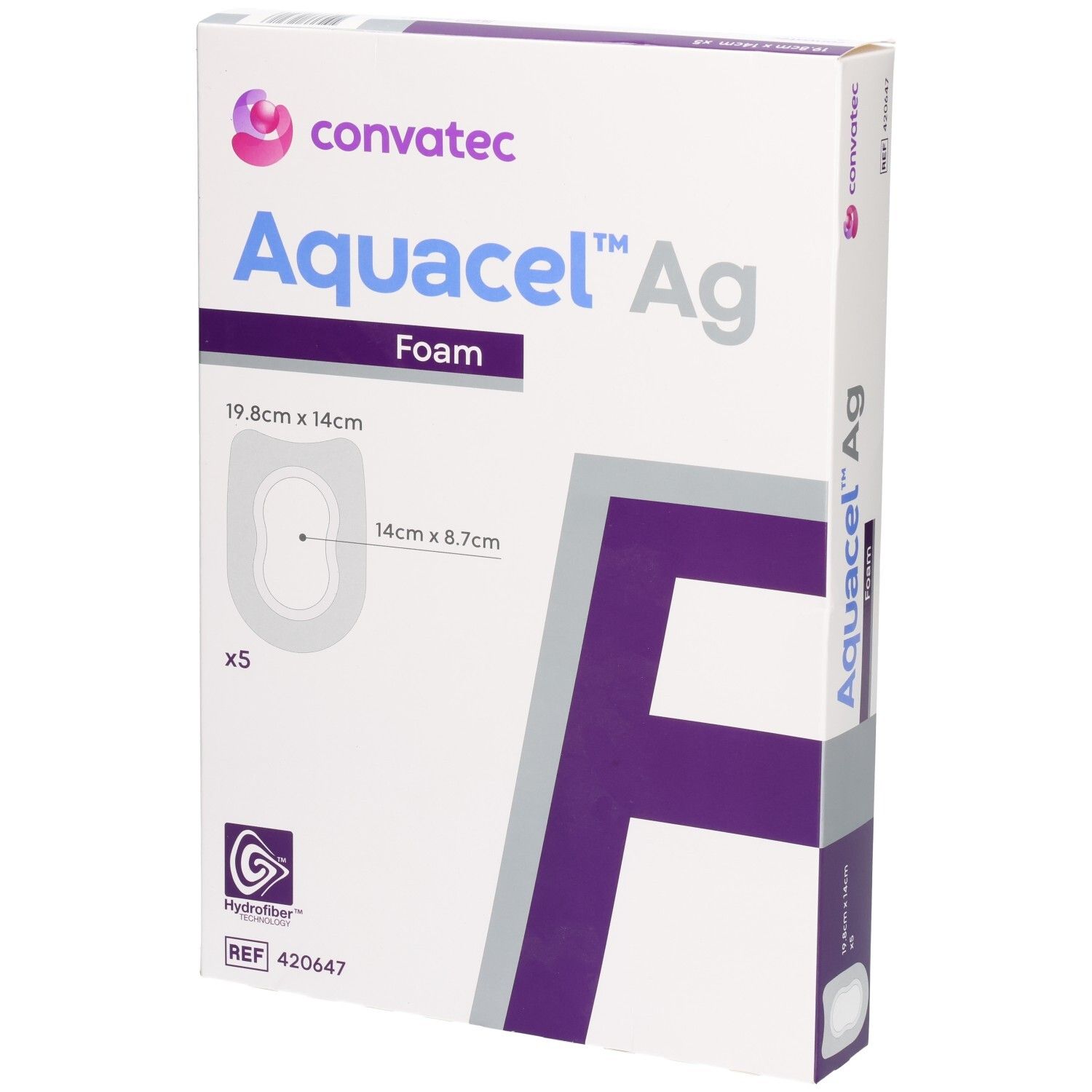 Convatec Aquacel Ag Foam : pansement Hydrofiber avec argent, 19,8x14cm, 5 pièces.