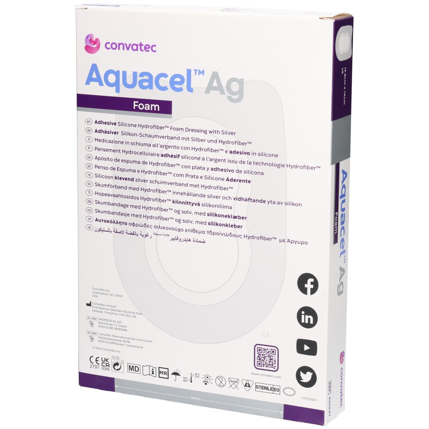 Convatec Aquacel Ag Foam : pansement Hydrofiber avec argent, 19,8x14cm.