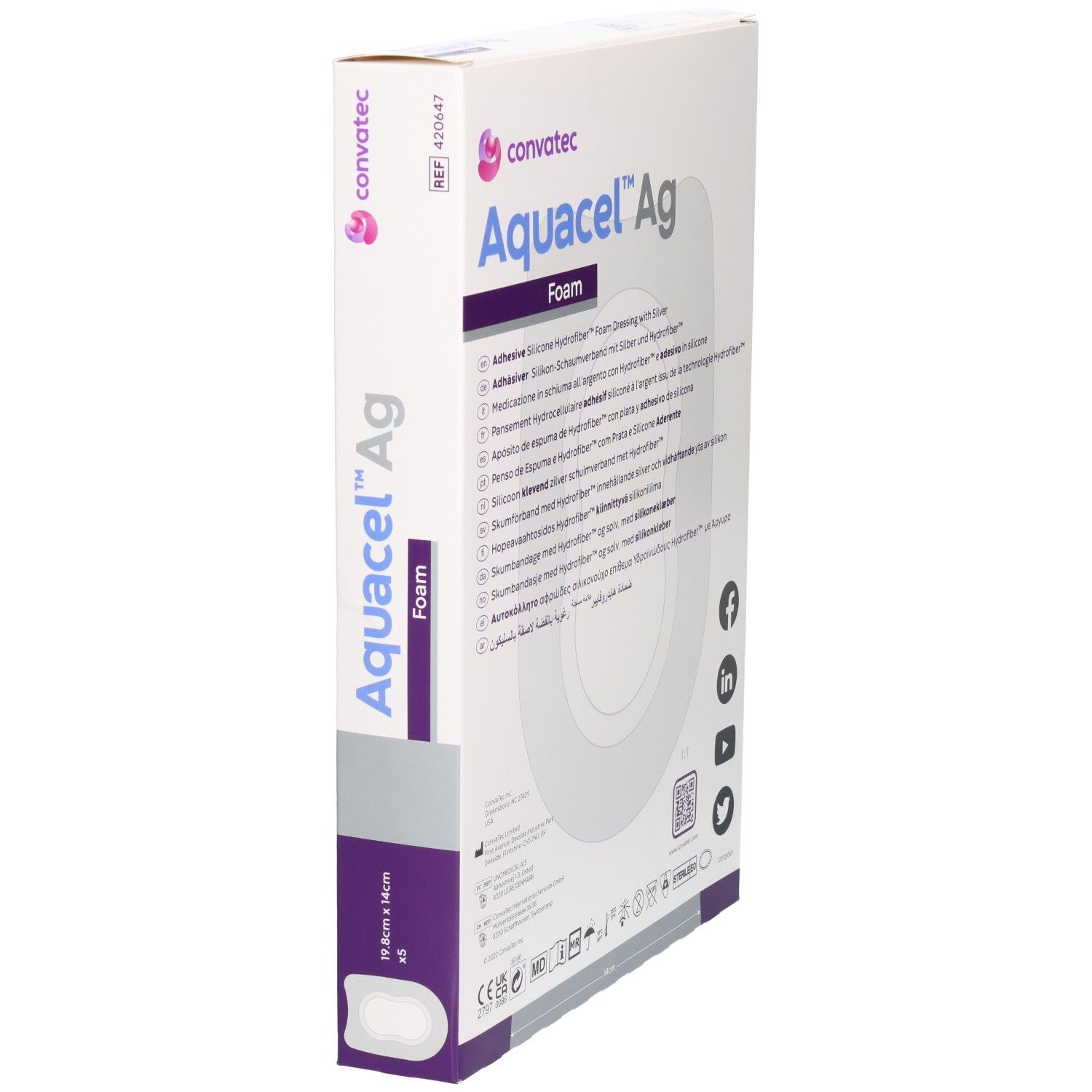 Boîte pour pansement Aquacel Ag Foam, 10cm x 10cm. Pansement adhésif en silicone avec argent.