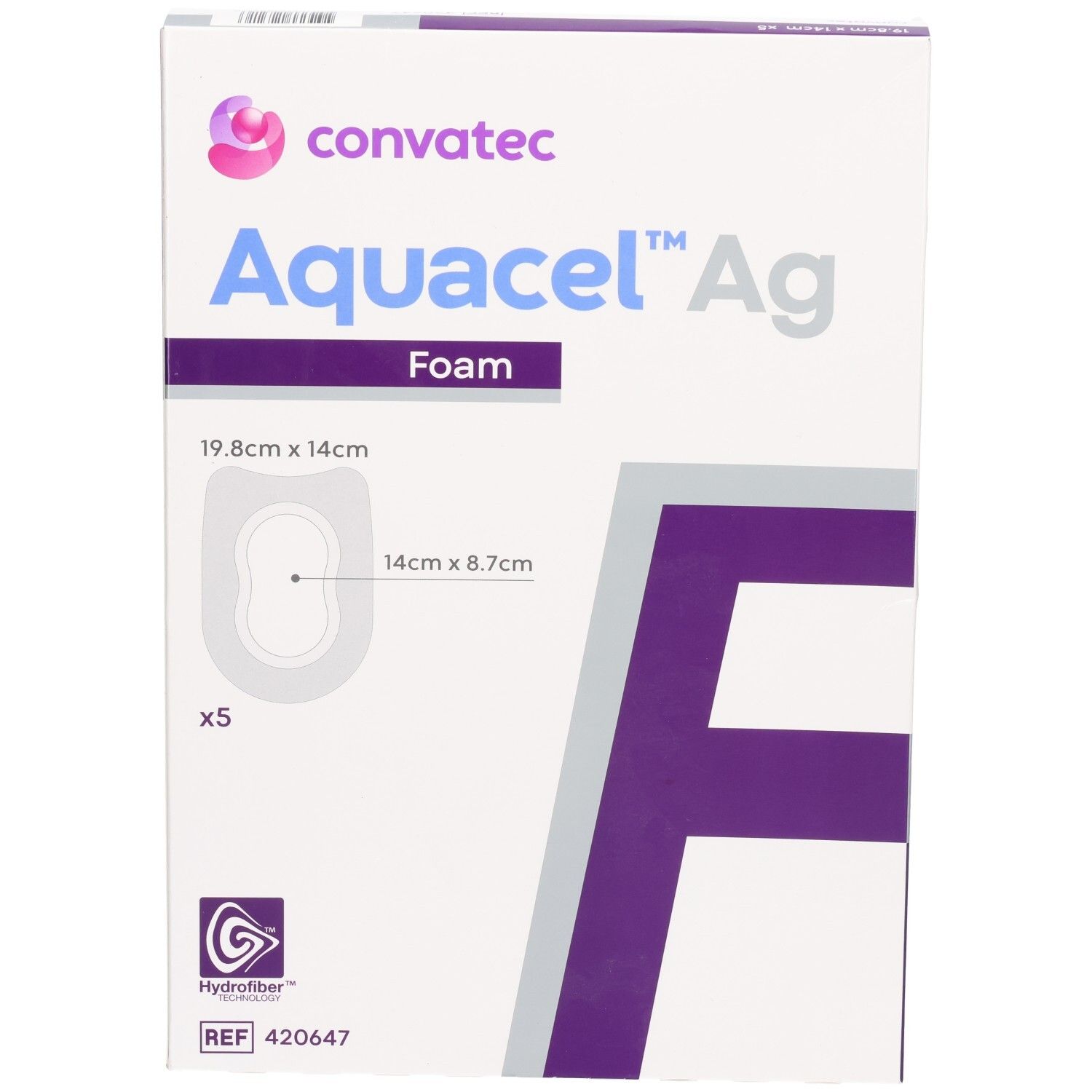 Convatec Aquacel Ag Foam, pansement, 5 pièces, 19.8x14cm.