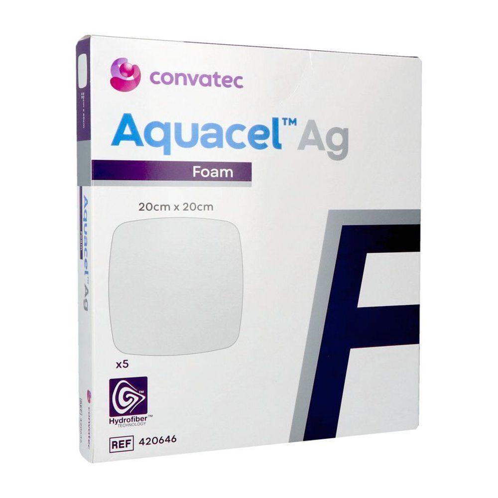 Verpakking Aquacel Ag Foam, 20x20cm. Bevat 5 stuks. Merk Convatec. Met Hydrofiber technologie.