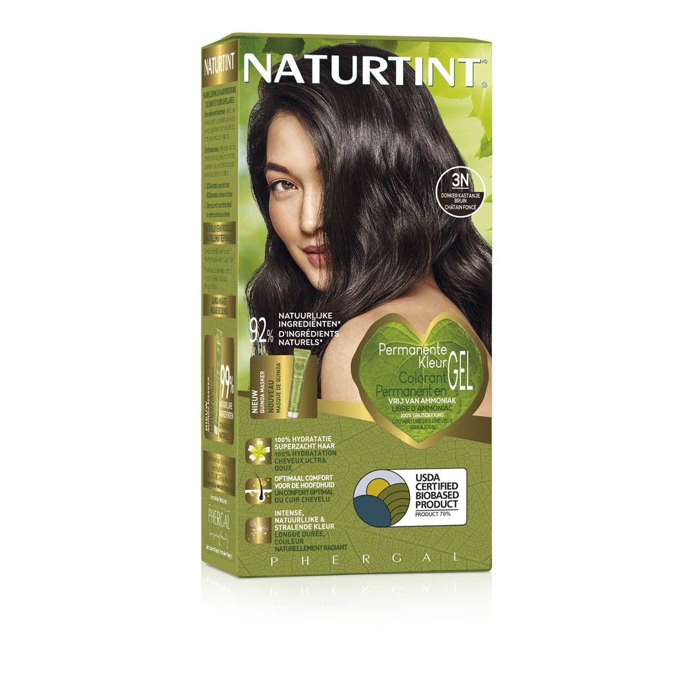 NATURTINT haarverfverpakking, voorkant. Vrouw, productillustratie en tekst. Groen-witte kleuren.