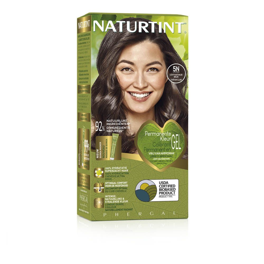 NATURTINT® Coloration 5N Châtain clair. Boîte avec femme. Inscriptions: 92% ingrédients naturels, certification USDA.