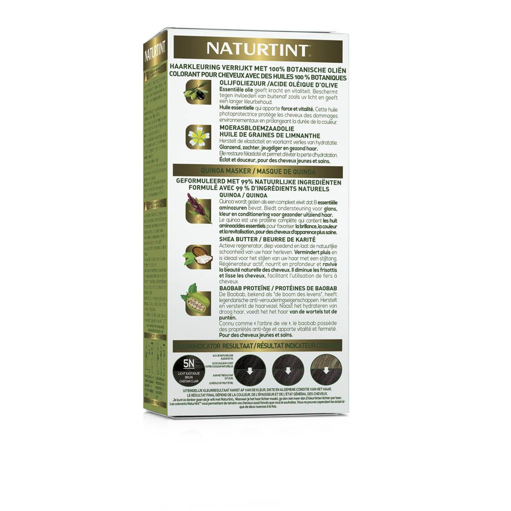 NATURTINT® Haarverf. Zijaanzicht van de verpakking. Opschriften: 99% natuurlijke ingrediënten, quinoa masker.