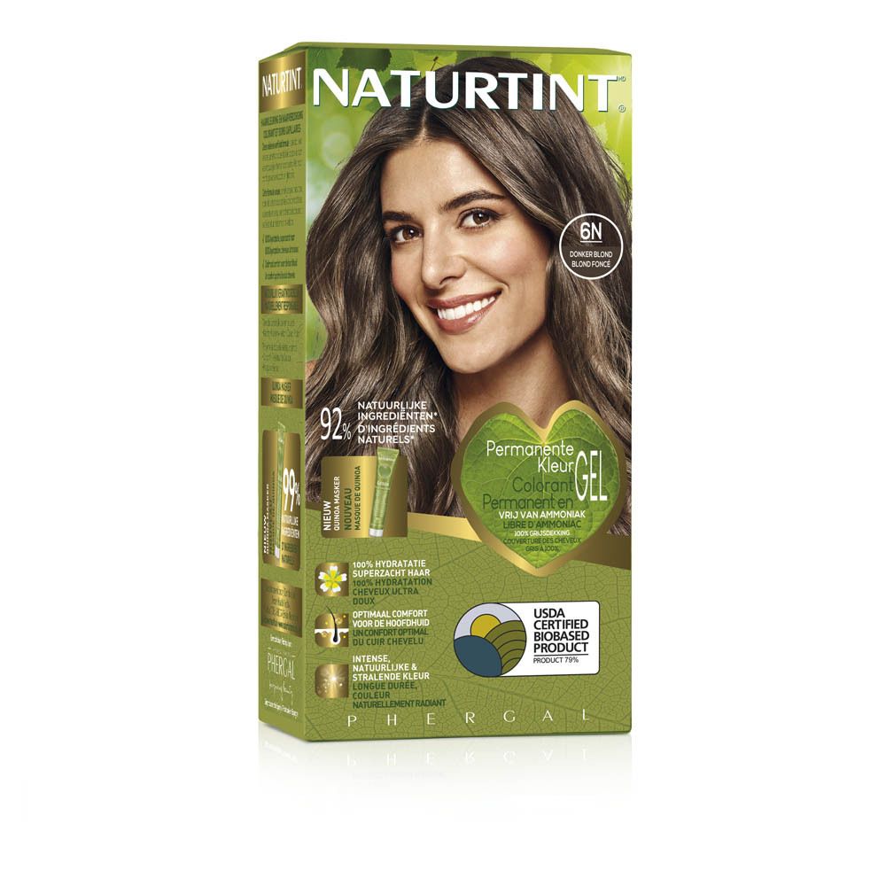 NATURTINT® haarkleurverpakking. Achterkant met informatie, ingrediënten en productafbeelding. Groen en wit.