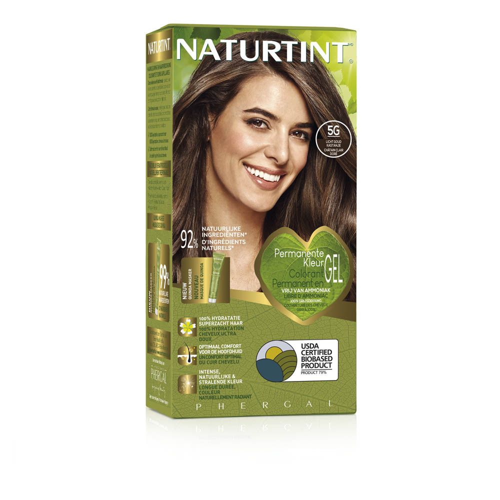 Coloration NATURTINT® 5G Châtain doré clair. Boîte avec femme et image du produit. Face avant.