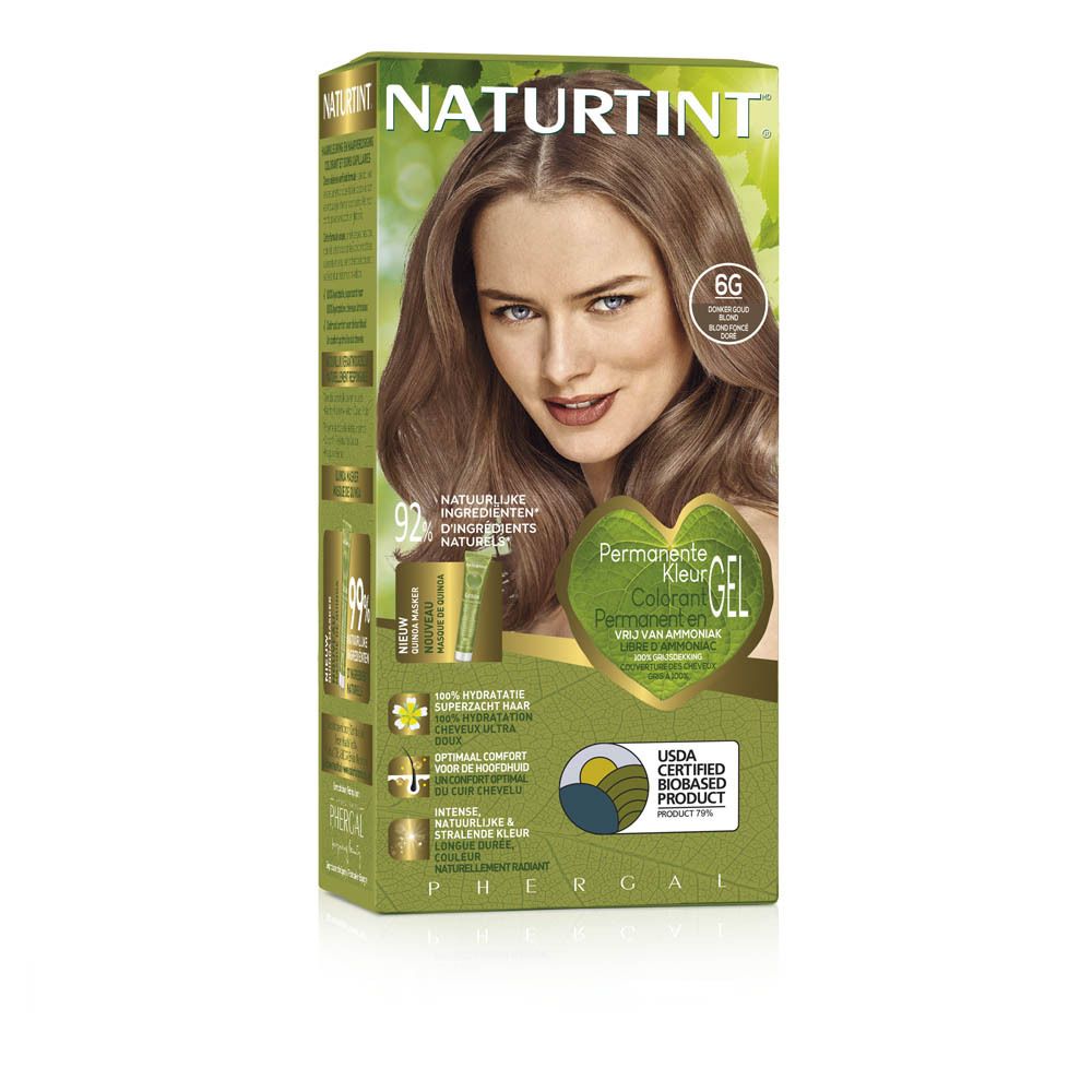 Boîte de coloration capillaire. Femme blonde. Texte: NATURTINT, 6G Blond doré foncé. Formule gel. Emballage avec image du produit.