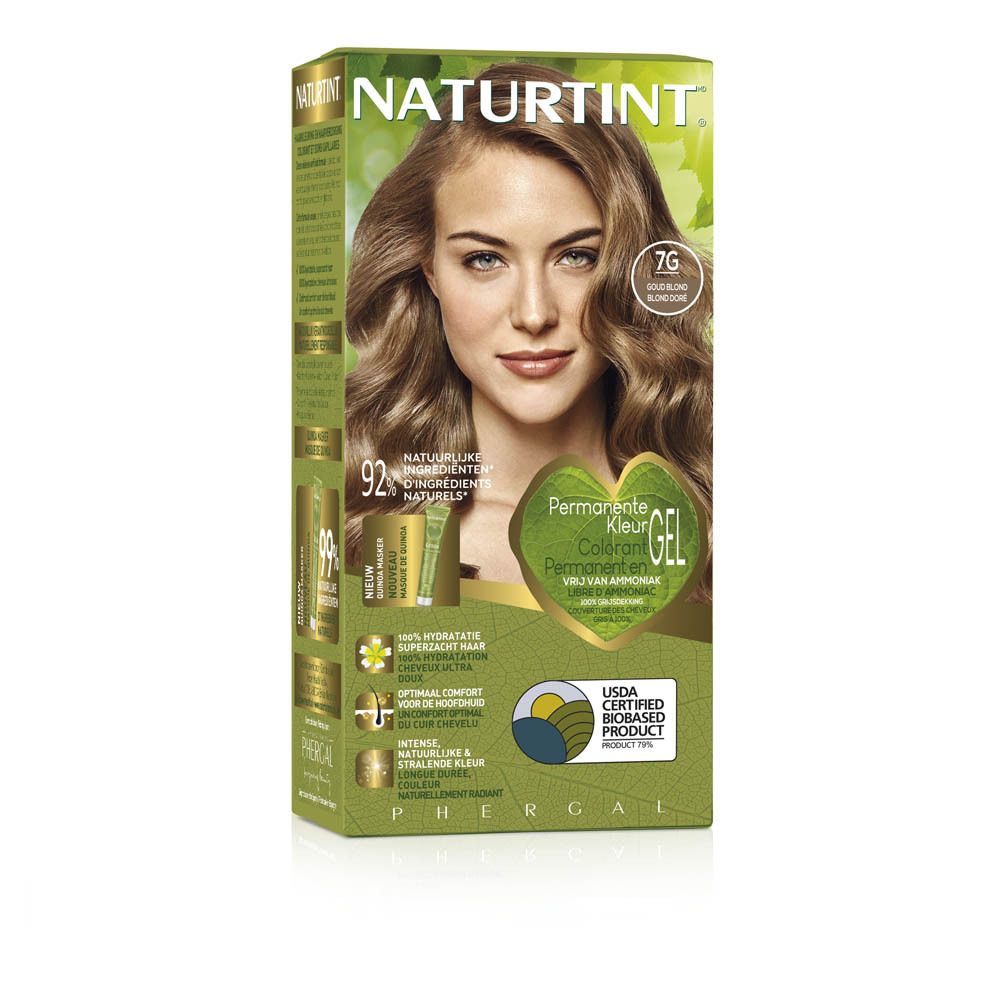 NATURTINT® haarkleurdoos 7G Golden Blonde. Vrouw met blond haar. Voorkant met productnaam, logo en certificering.