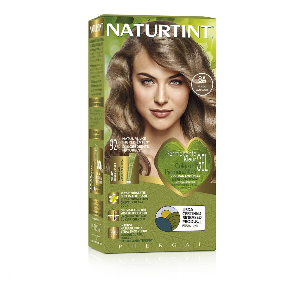 Haarkleurdoos. Naturtint, Asblond 8A. Vrouw met golvend haar. Tekst: Kleuren geïnspireerd door de natuur.