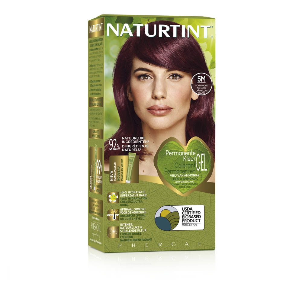 Voorkant van de NATURTINT® haarkleurmiddel verpakking. Vrouw met mahonie haar. Tekst: Permanente Kleur Gel. Tint 5M.