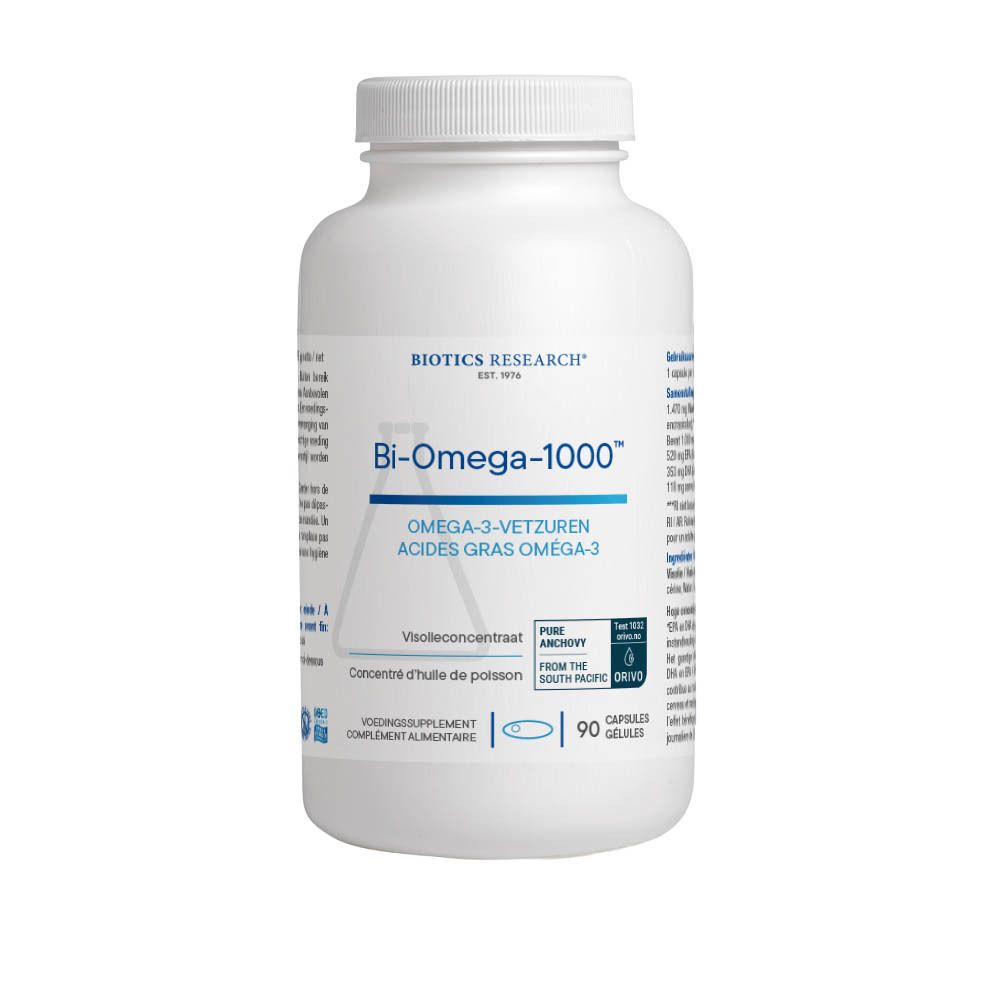 Flacon blanc de Bi-Omega-1000™ avec 90 gélules. Marque Biotics Research. Bouchon scellé : SEALED FOR YOUR PROTECTION.