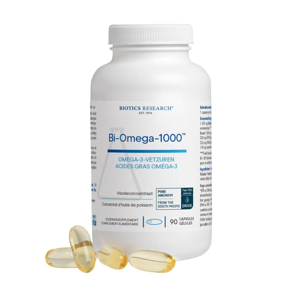Witte fles Bi-Omega-1000™ met 90 capsules. Merk Biotics Research. 3 capsules ernaast.