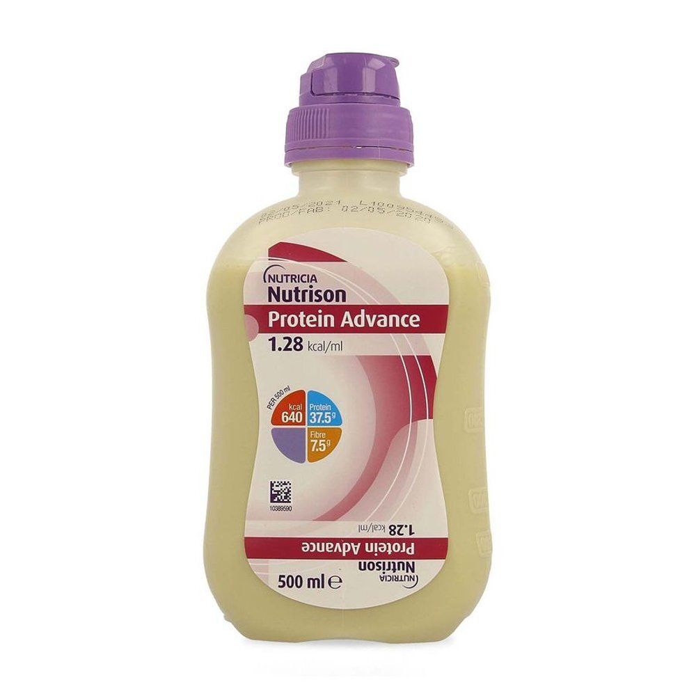 Fles Nutrison Protein Advance met paarse dop. Bevat 500 ml. Opschrift: 1,28 kcal/ml. Rode en blauwe grafieken met voedingswaarde-informatie.