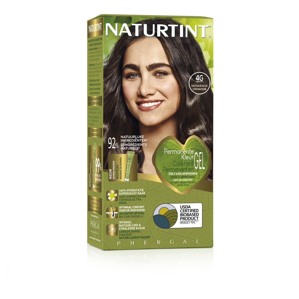 Doos NATURTINT® 4G Goudkastanje. Vrouw met bruin haar. Tekst: 92% natuurlijke ingrediënten.