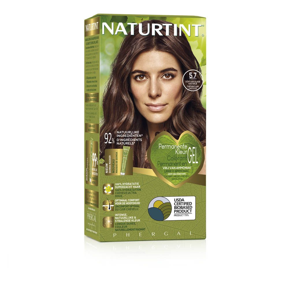 Haarkleurmiddel NATURTINT 5.7. Vrouw met bruin haar. Verpakking met productinfo en certificering.
