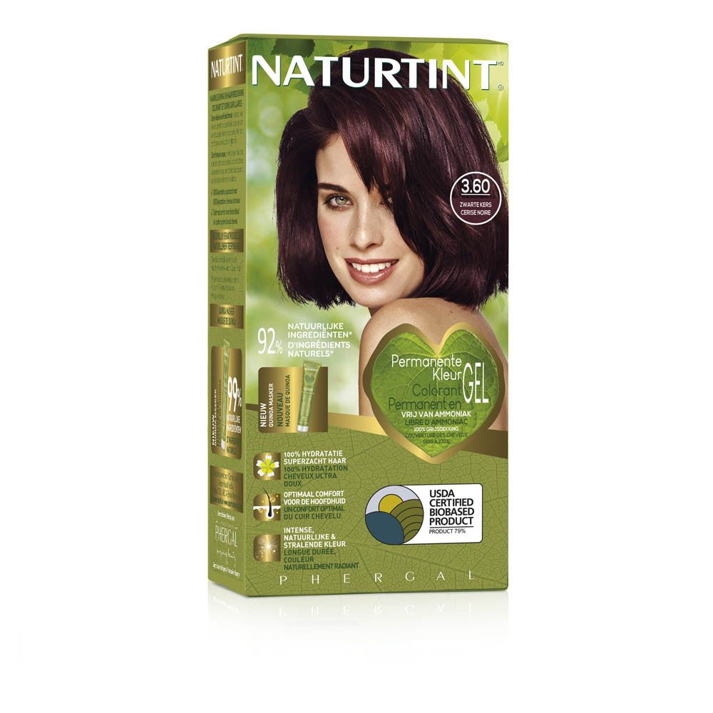 Boîte de teinture capillaire Naturtint 3.60. Femme aux cheveux teints. Emballage vert et blanc avec informations produit.