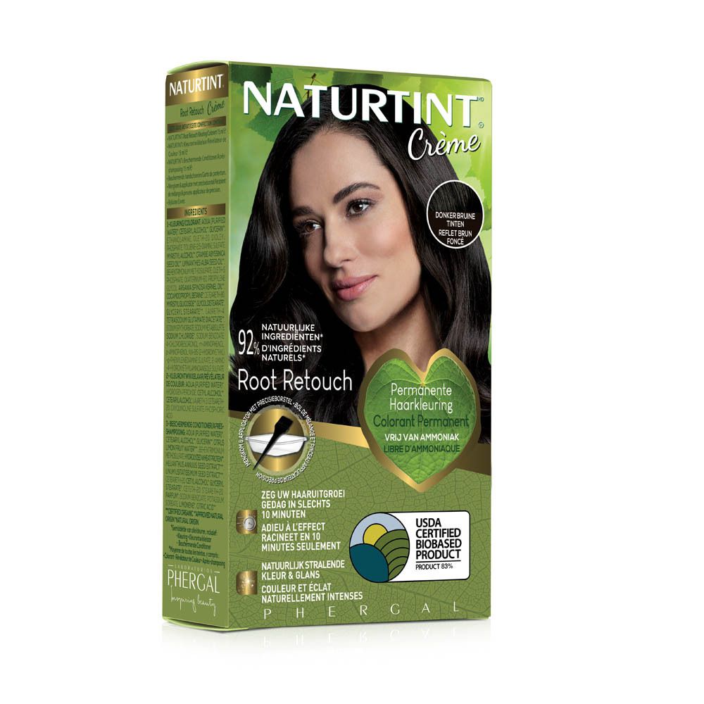 Haarkleurcrème verpakking. NATURTINT® Root Retouch, donkerbruin. Vrouw met bruin haar. Permanente haarkleuring.